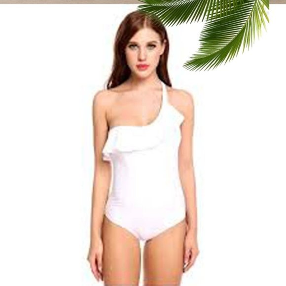 WHITE ONE SHOULDER RUFFLE ONE PIECE SWIMSUIT - Picture 1 of 3